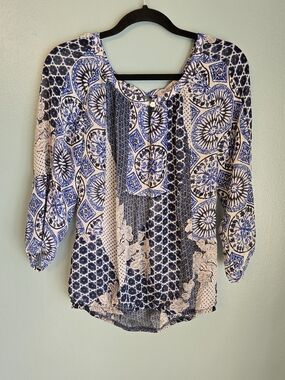 Women's Blue & White Printed Peasant Blouse